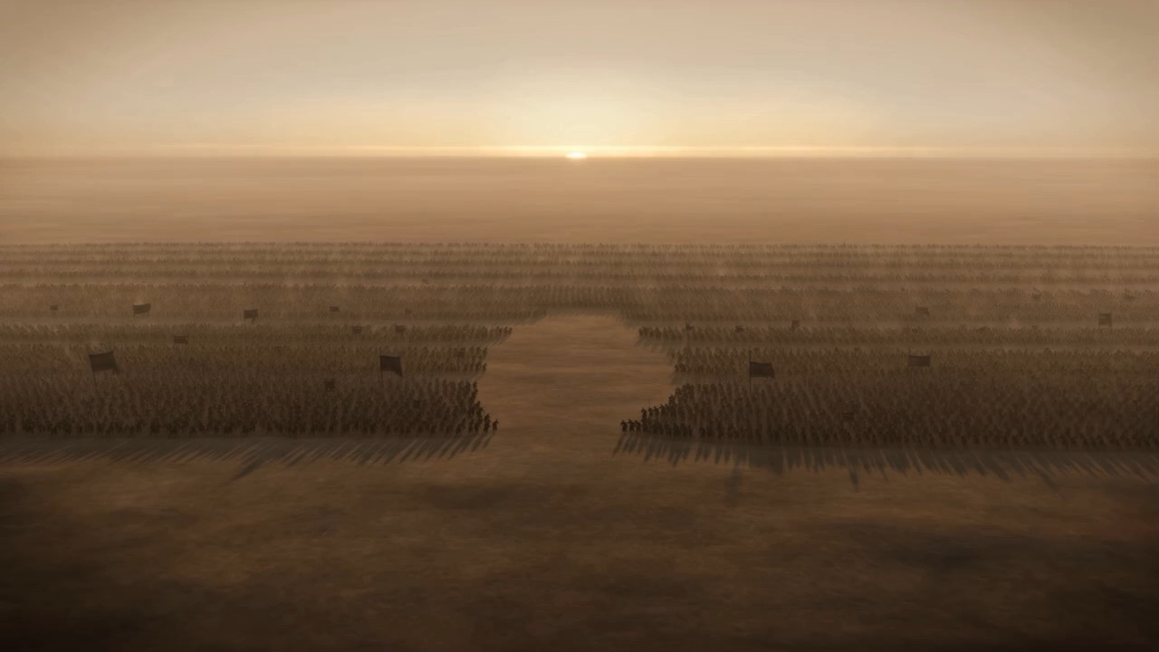 Two battle lines face each other across the plain at first light