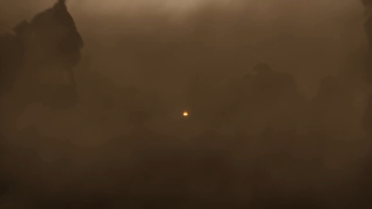 The fallen banner hangs dark over a pale sun