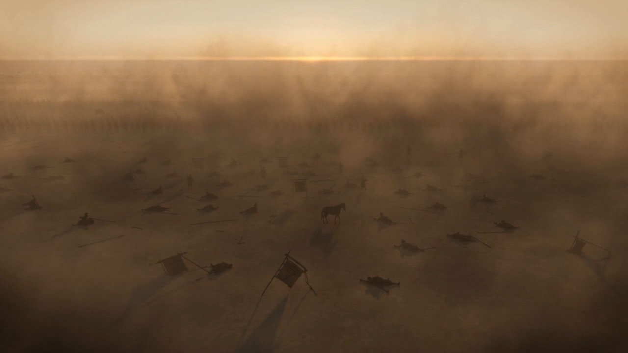 A silent field strewn with the fallen under haze