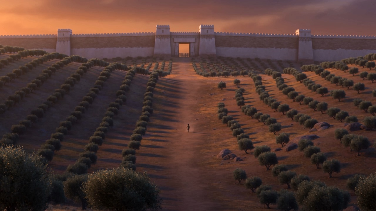 A long road through vineyards leads to the city gate at dusk