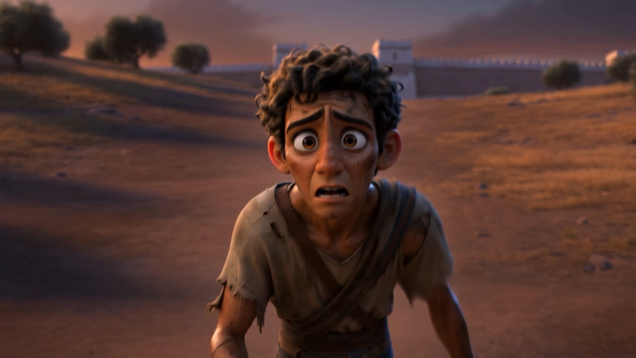 A young runner with torn clothes, wide-eyed with the news
