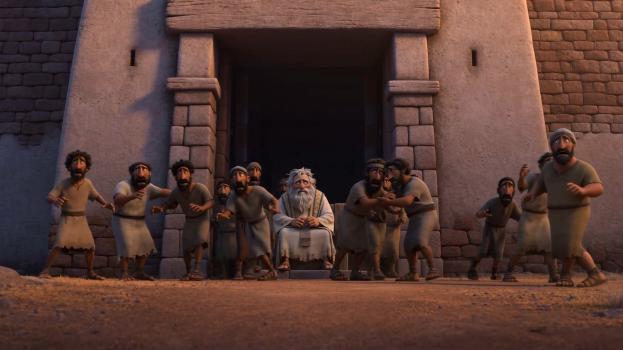 Townspeople gather at the gate around old Eli on his seat
