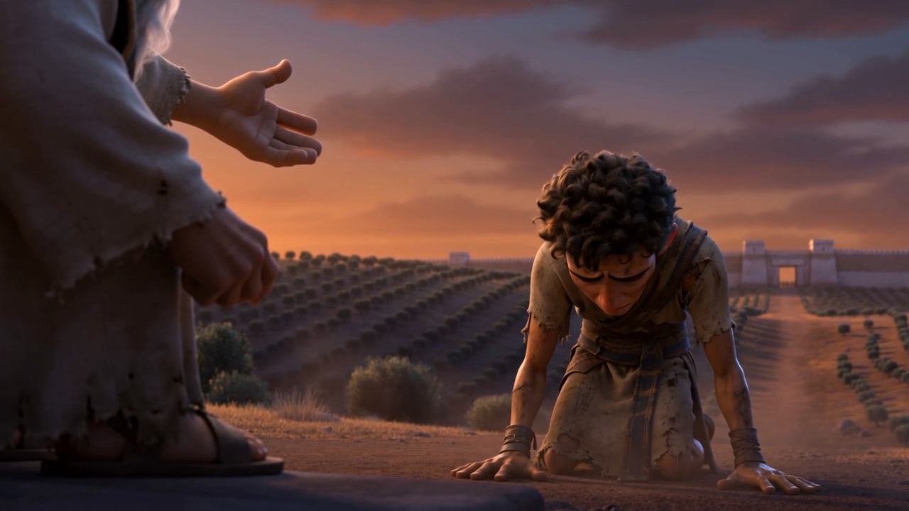 The runner collapses to his hands at the old man's feet
