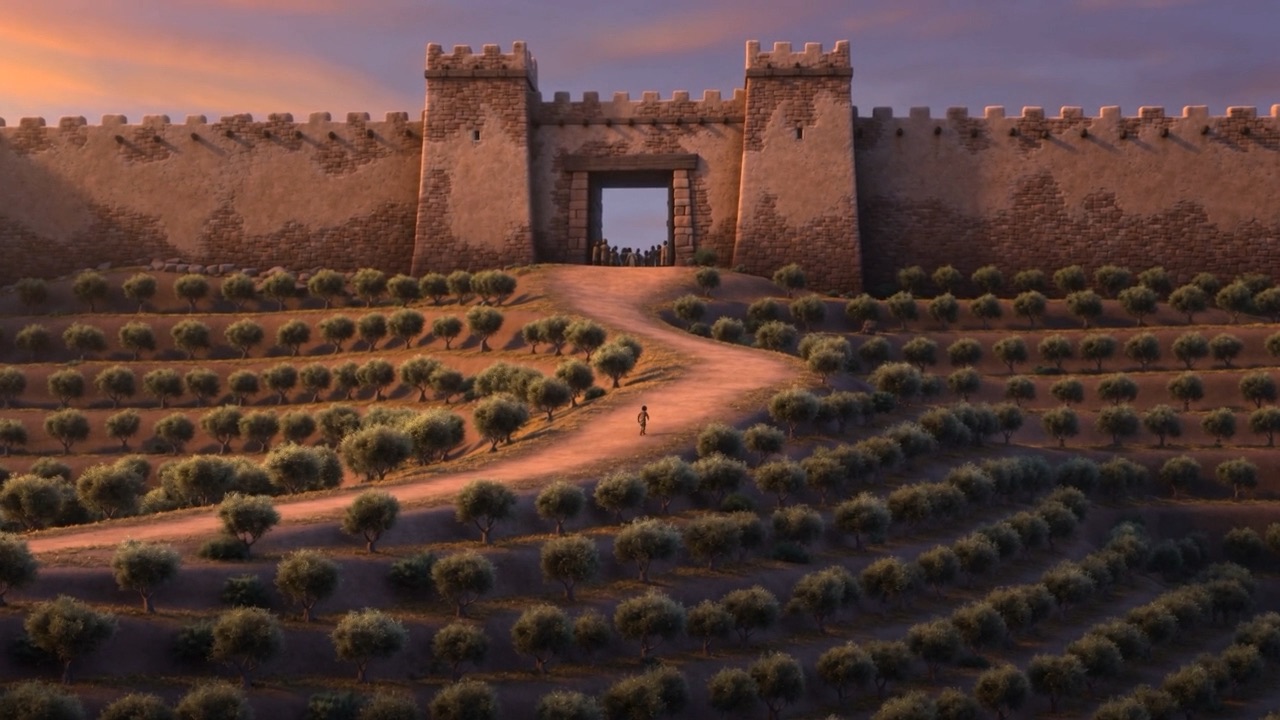 The runner is a small figure on the road below the walls