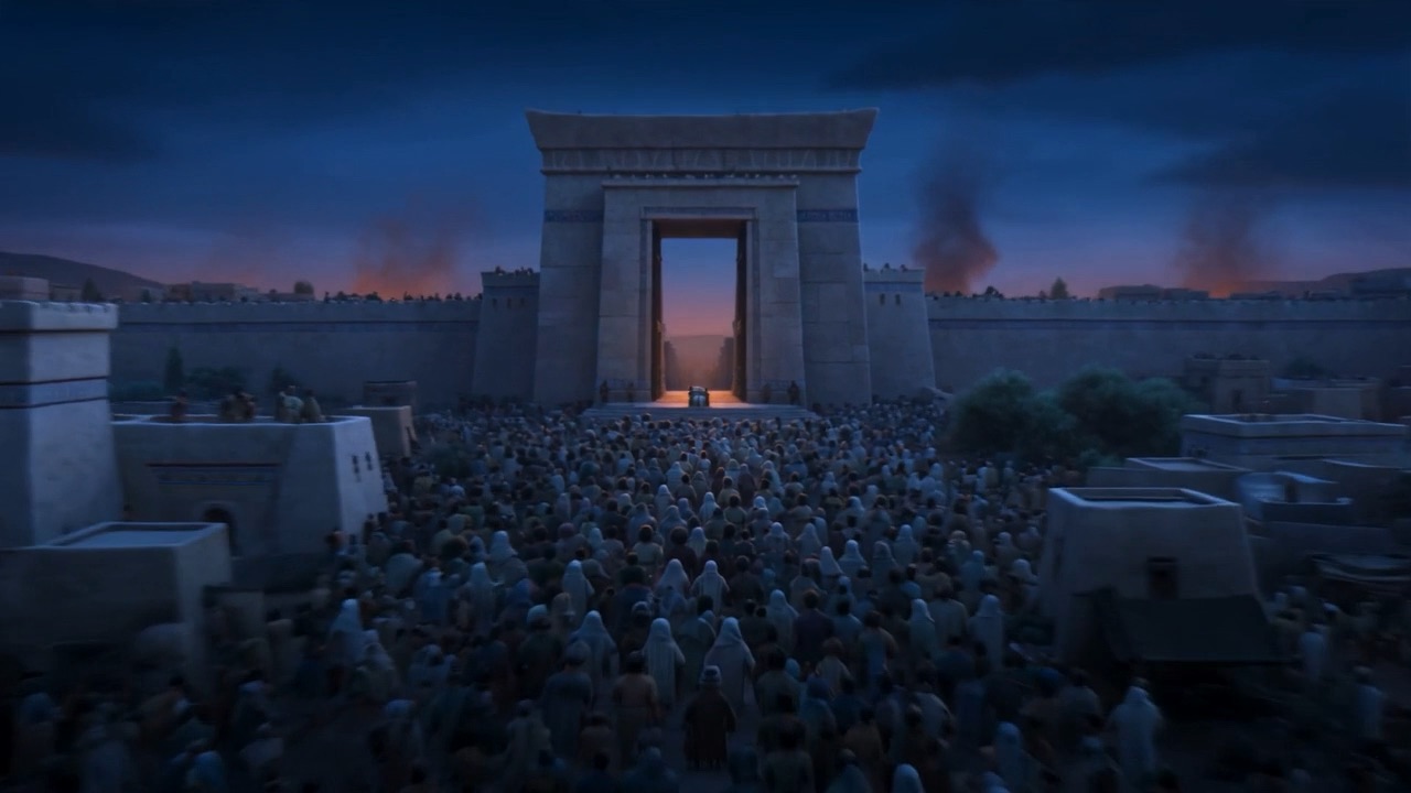 Night falls over Shiloh's gate, fires burning in the dark