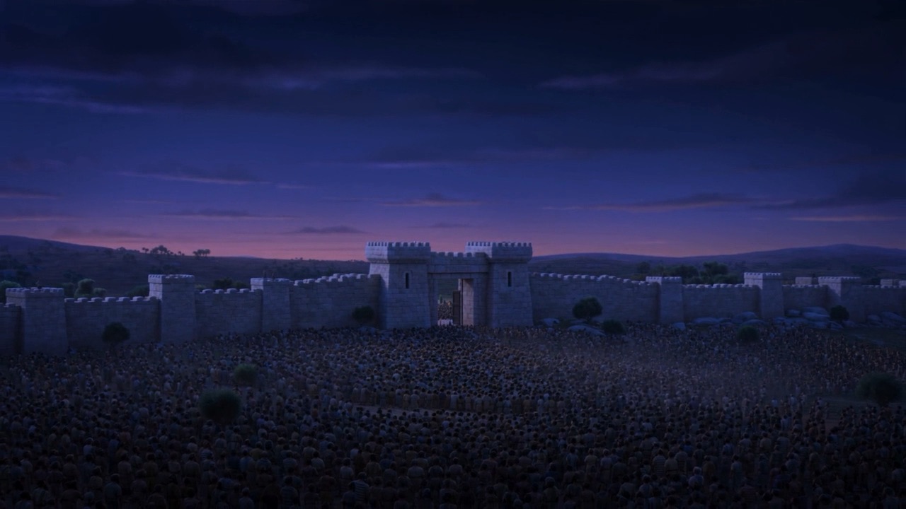 The city walls stand silent under a black sky