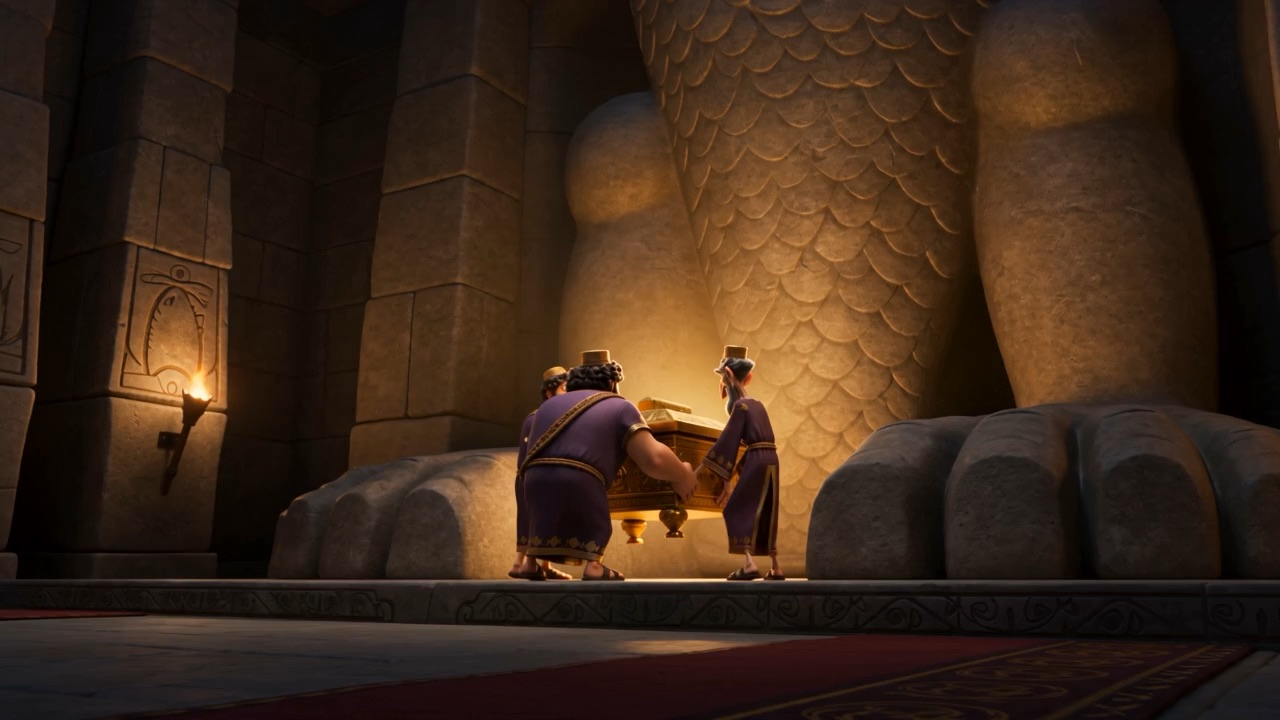 Philistine priests haul the ark to the feet of a colossal idol