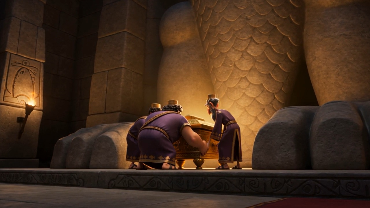 They set the ark down at the foot of the towering statue