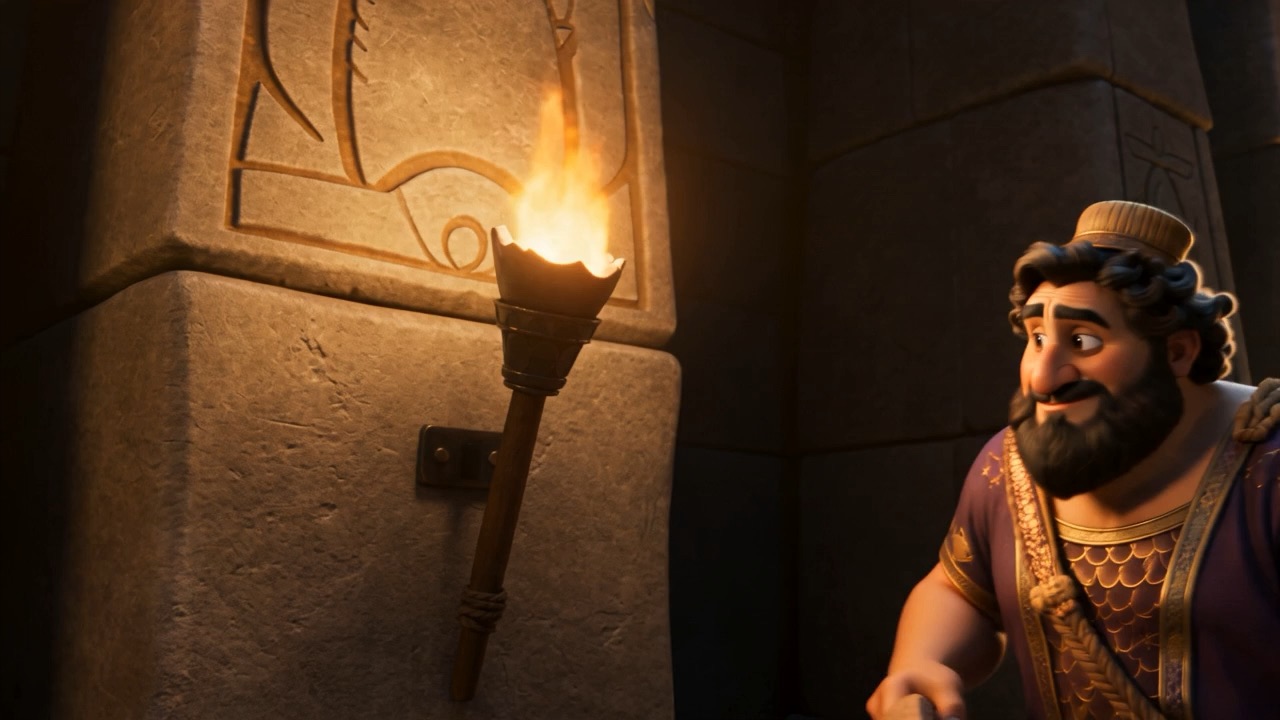 The plump priest smirks in the torchlight