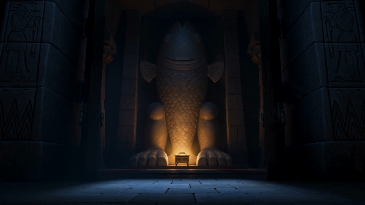 The ark sits alone in the dark at the idol's feet