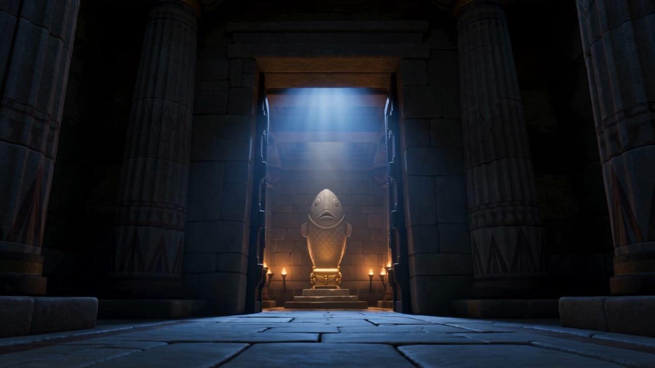 A shaft of pale light falls into the dark temple hall
