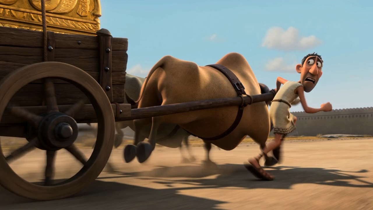 A man hauls the ox forward, the golden chest jolting on the cart