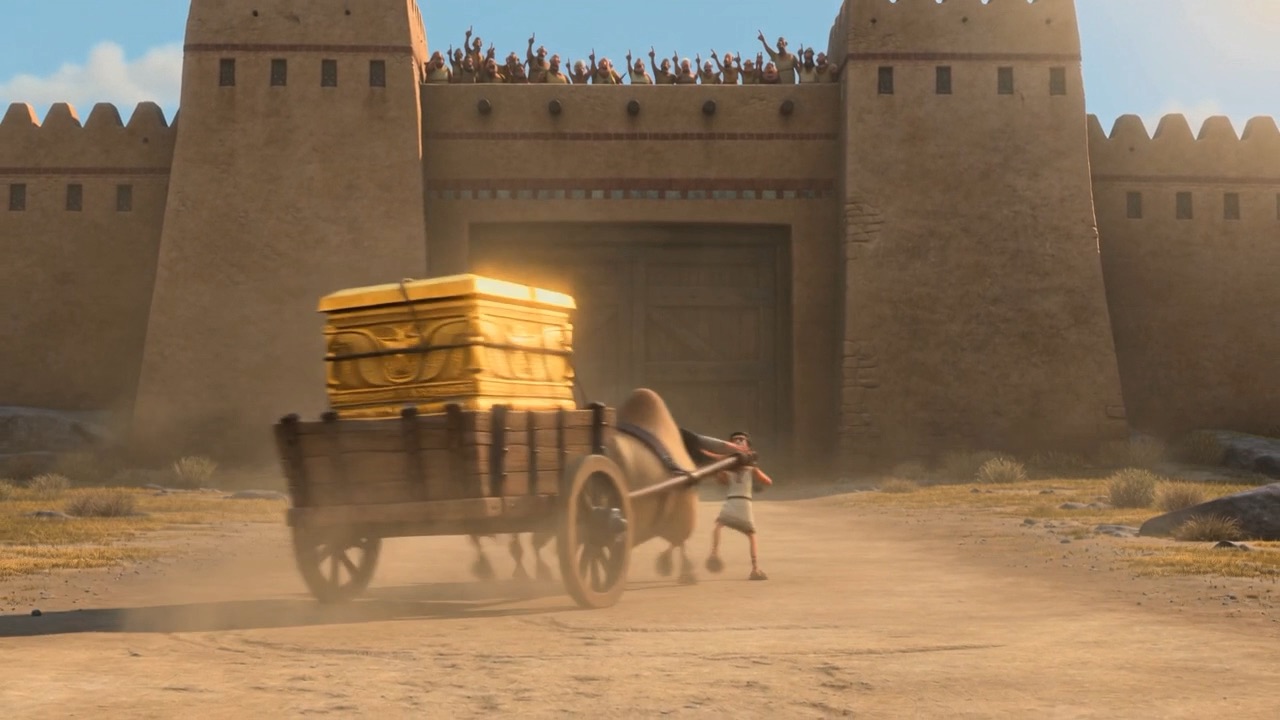 The cart stands before the shut gate, crowds watching from the wall
