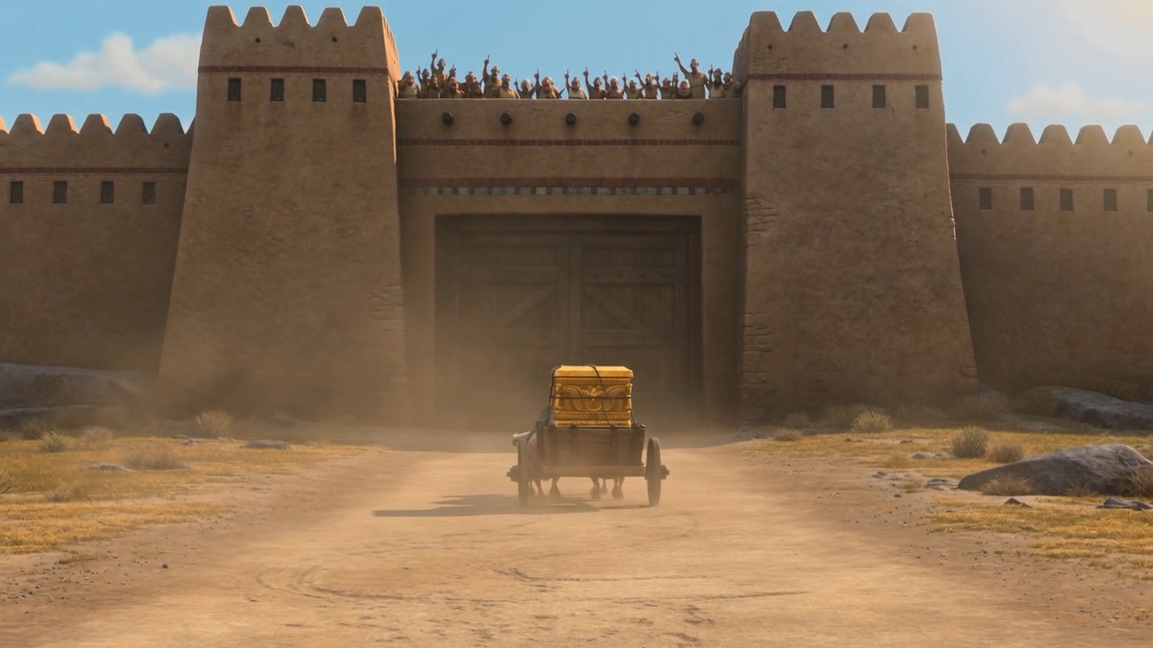 The cart shrinks down the road away from the gate