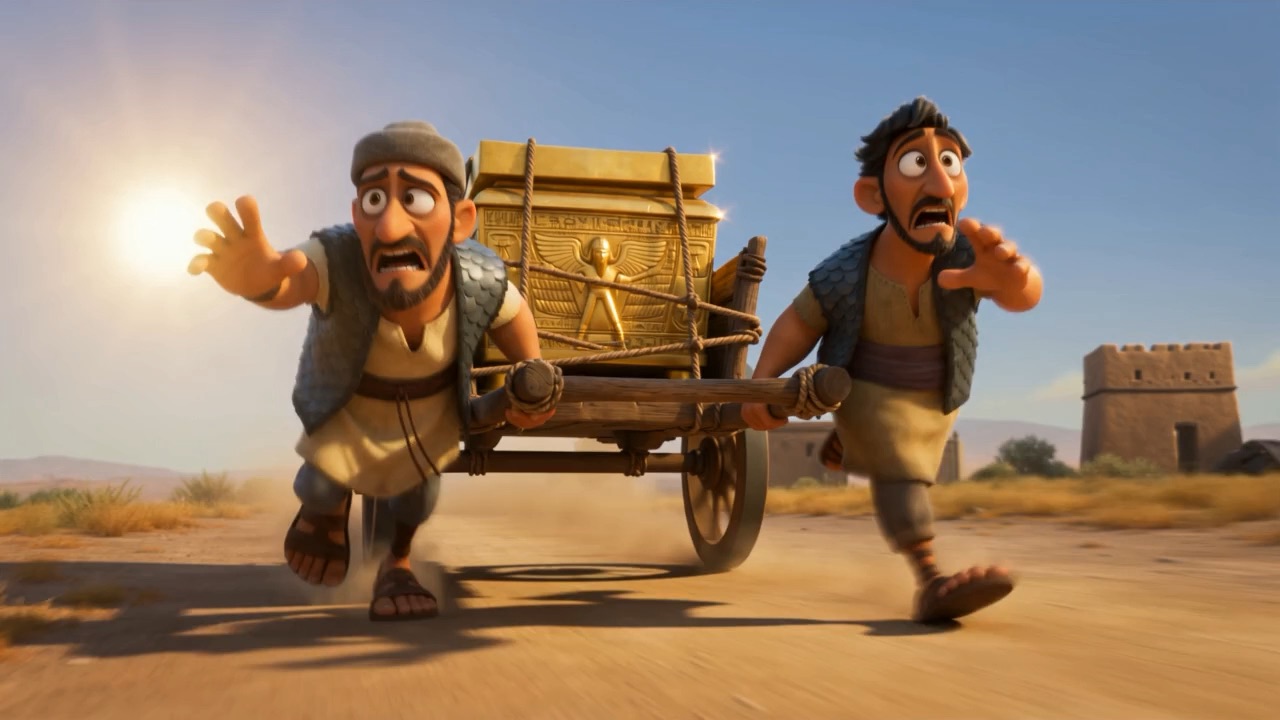 Two panicked men drag the cart at a run