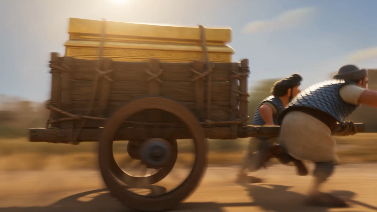 The cart wheel blurs with speed
