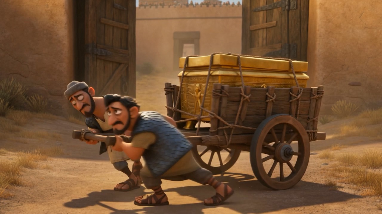 Men shove the cart out through the alley