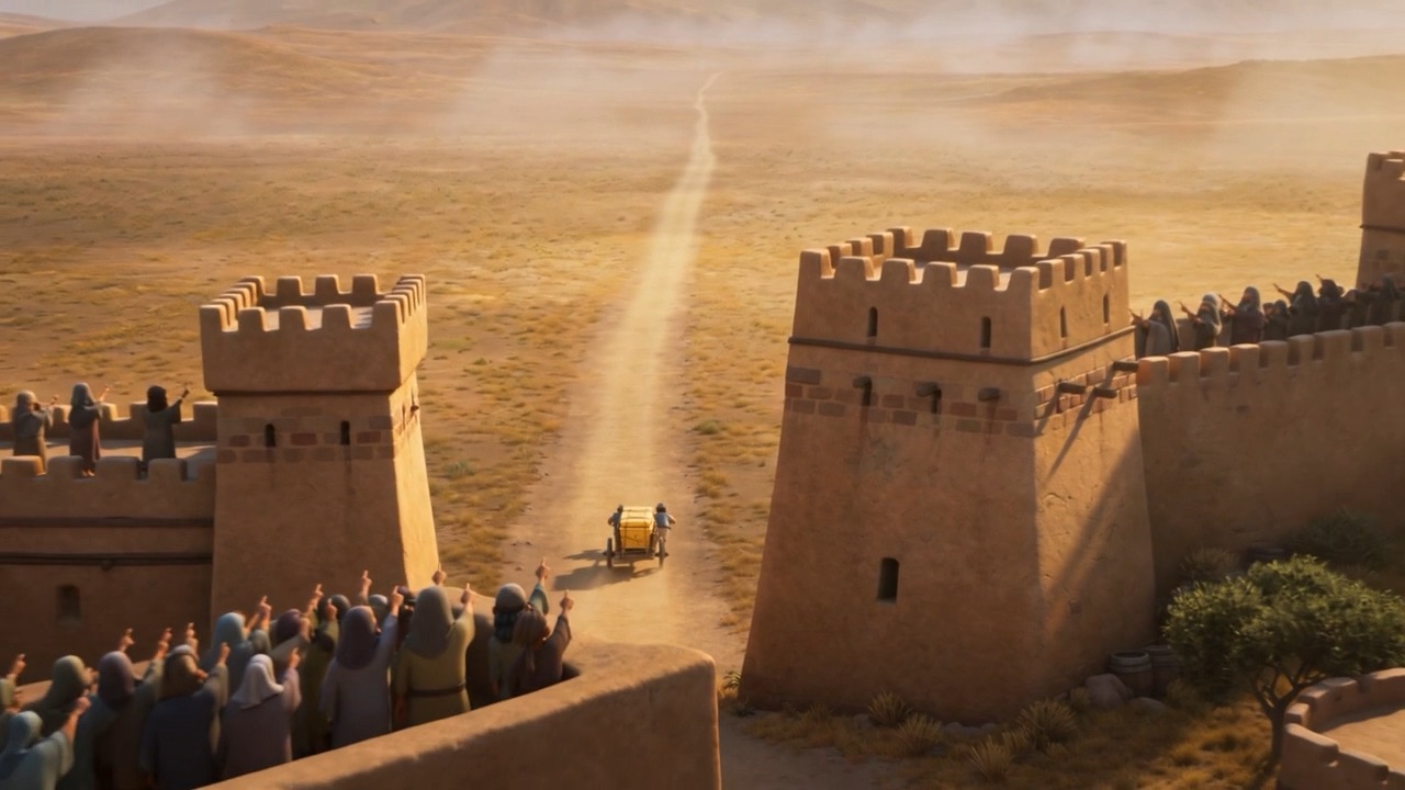 From the wall top — the cart rolls out alone onto the long road