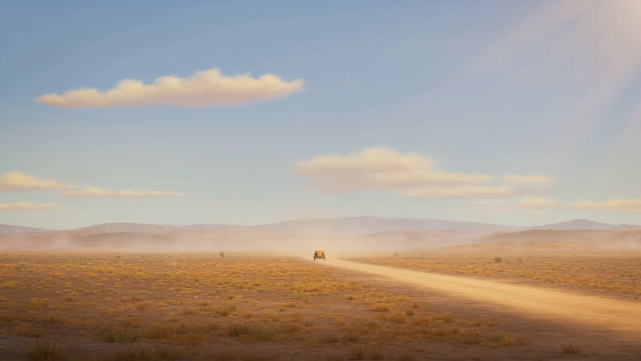 An empty road through the hills, the cart a speck in the distance