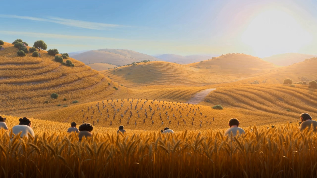 Golden wheat hills at morning, reapers bent to the harvest