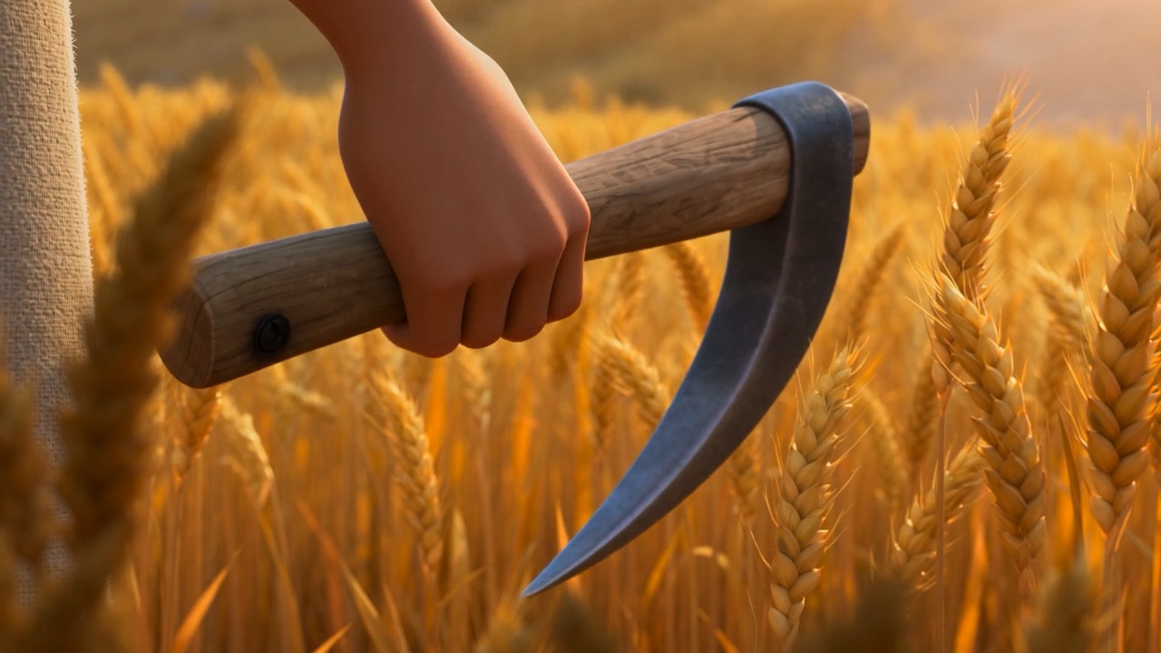 A hand pauses mid-swing, sickle in the wheat