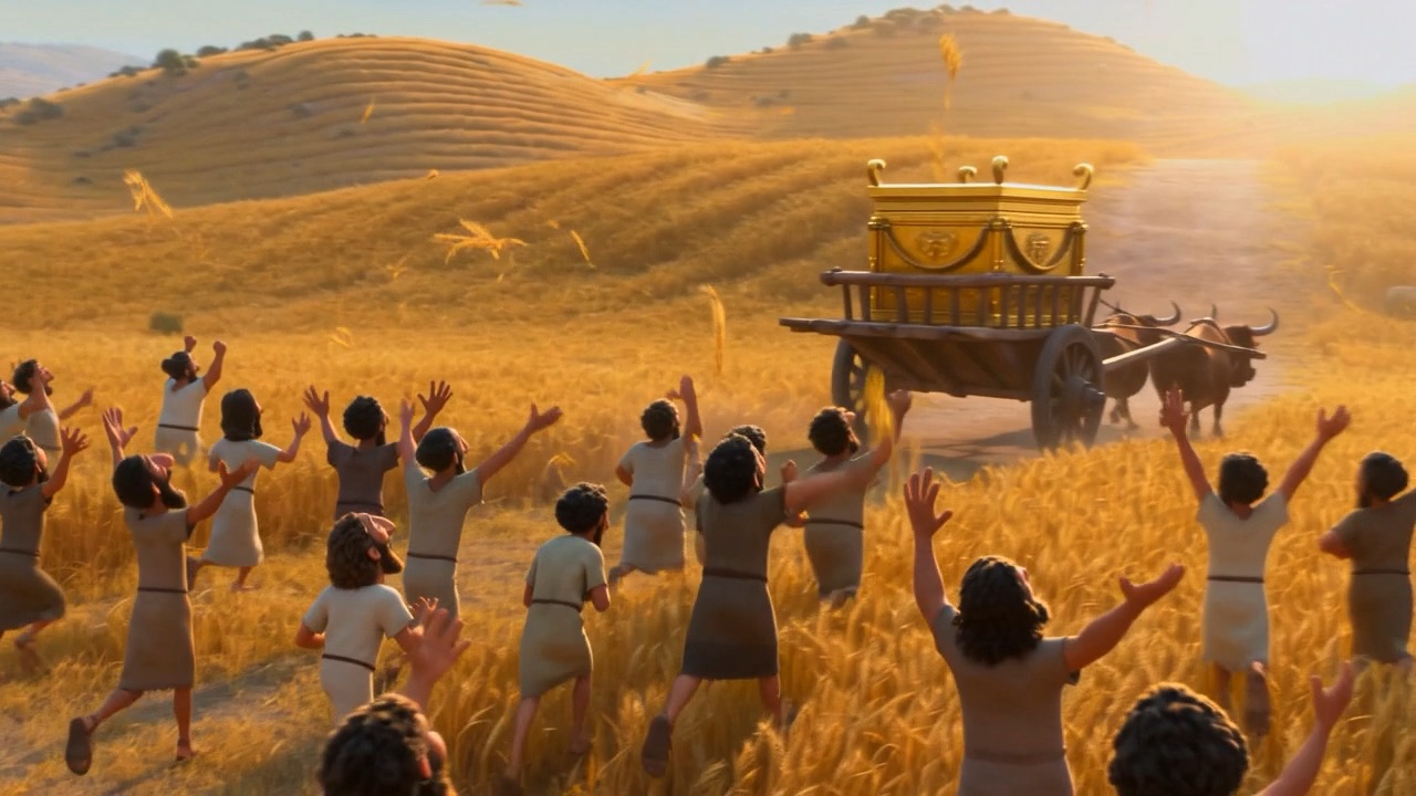 The harvesters swarm the cart, rejoicing around the ark