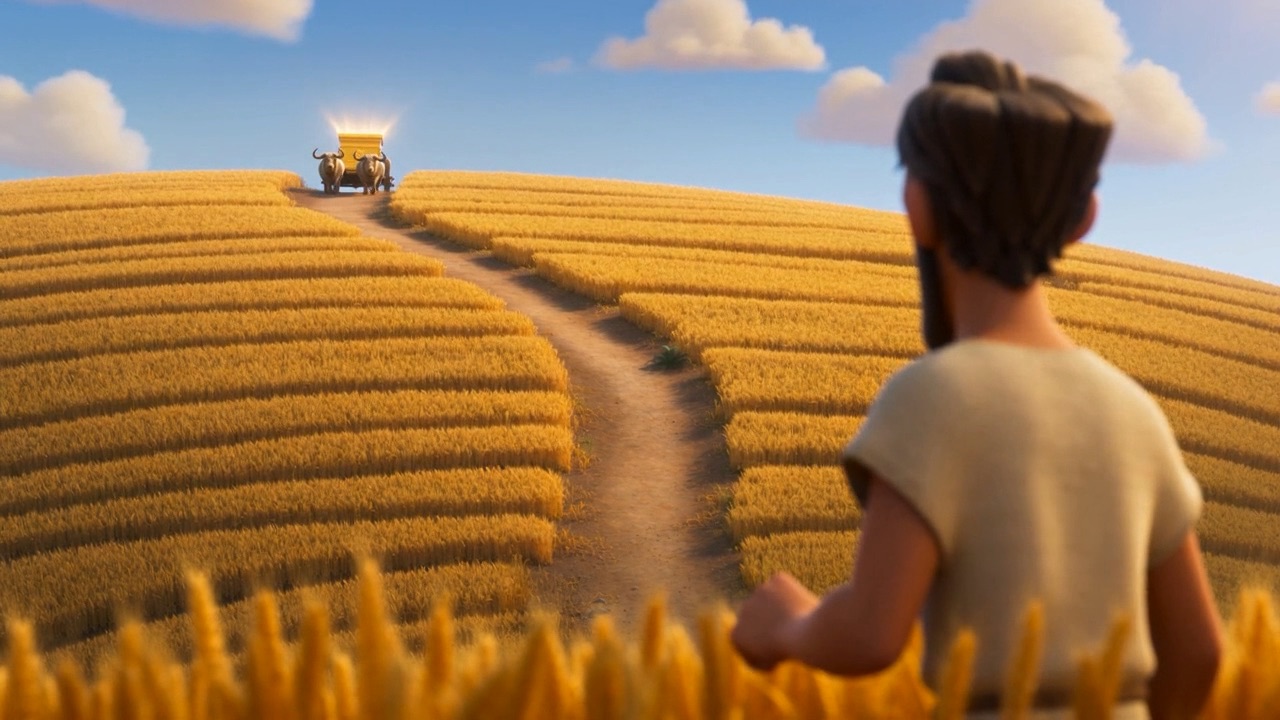 The cart rolls closer on the winding road, glinting gold