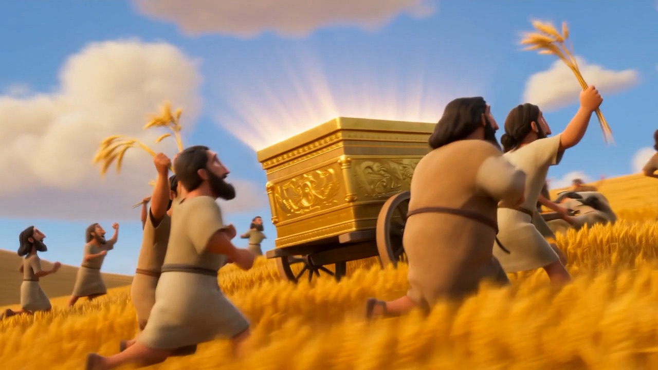 The ark glows golden among the celebrating reapers