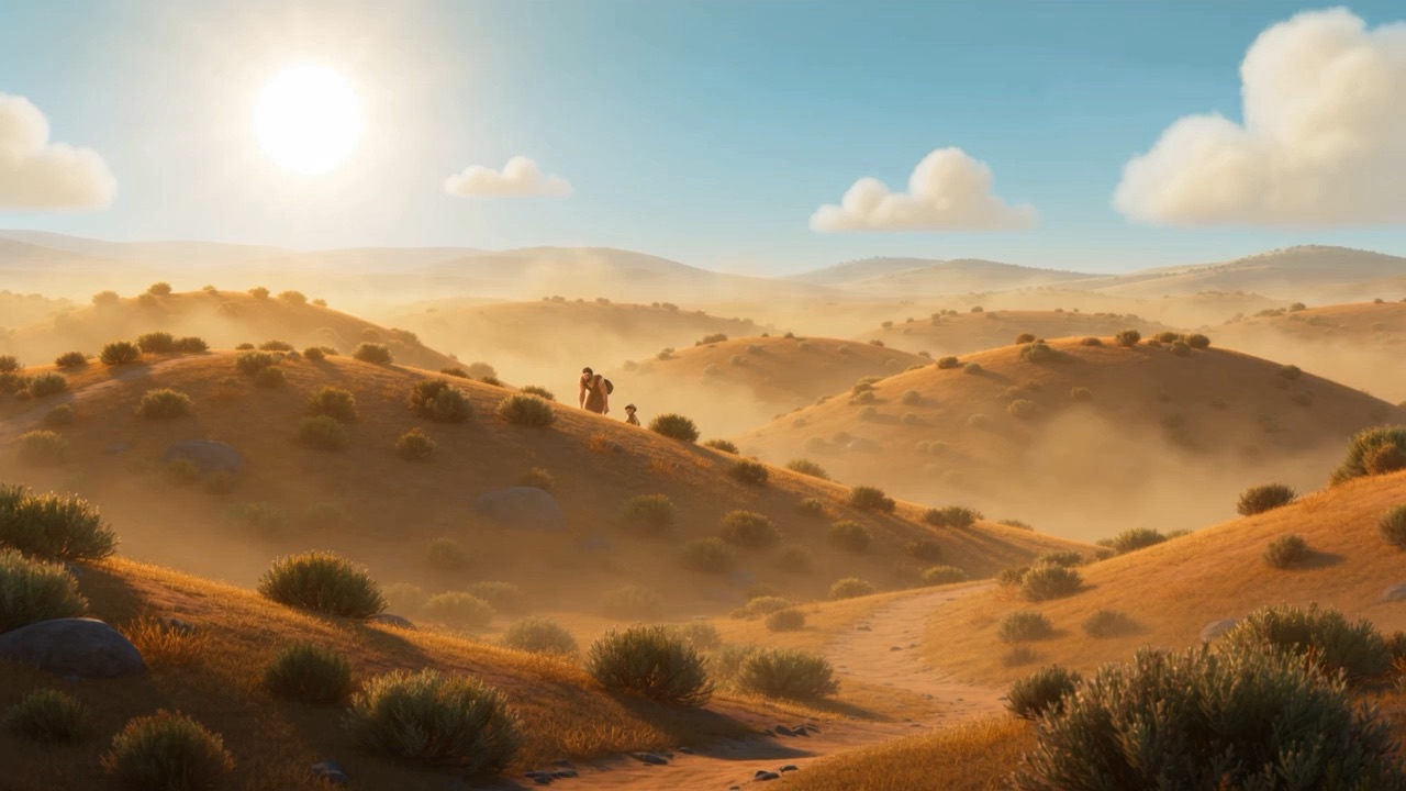A tall young man crests a hill, hunting donkeys