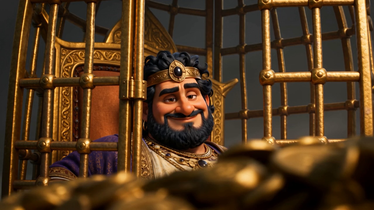King Agag smirks from his golden cage-cart