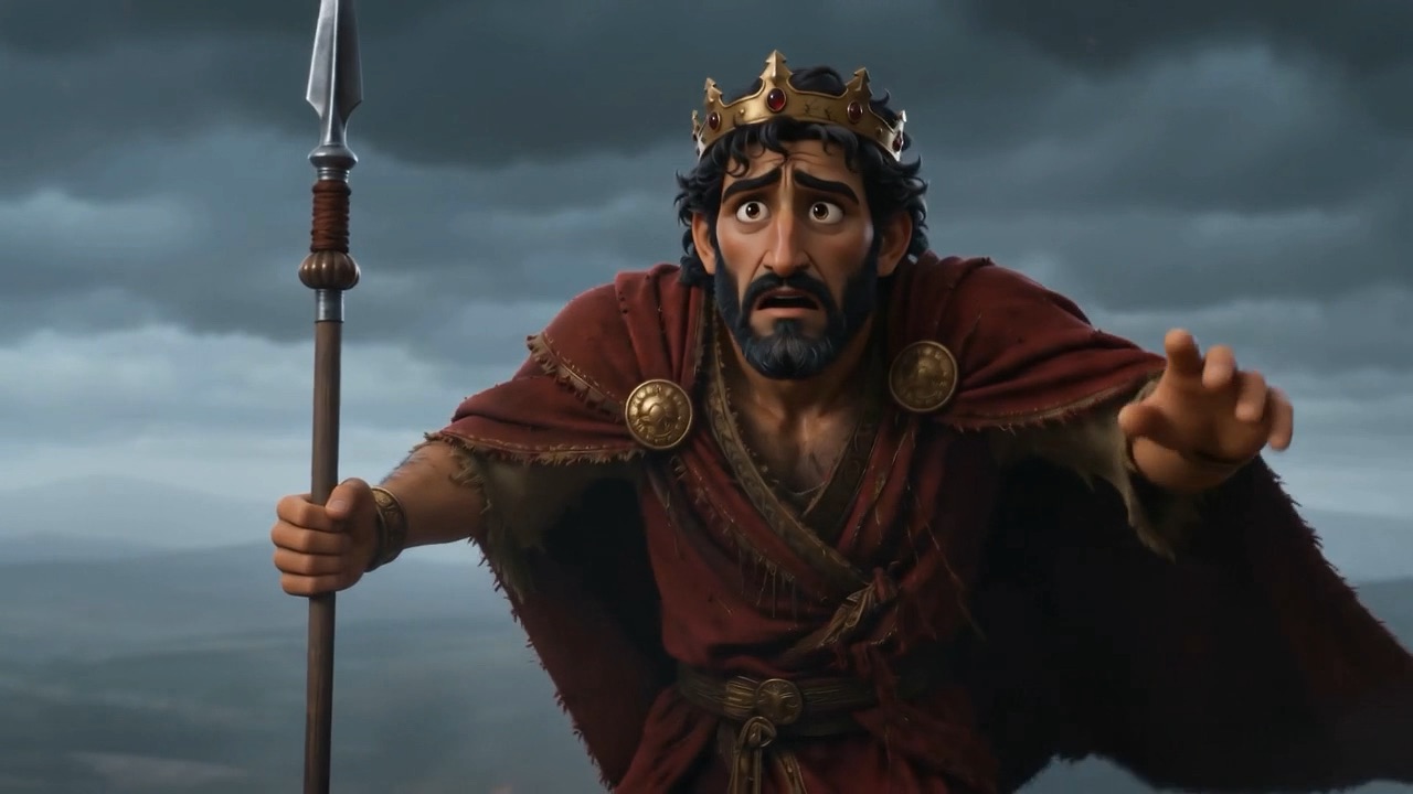 Saul, crowned and terrified under the dark sky
