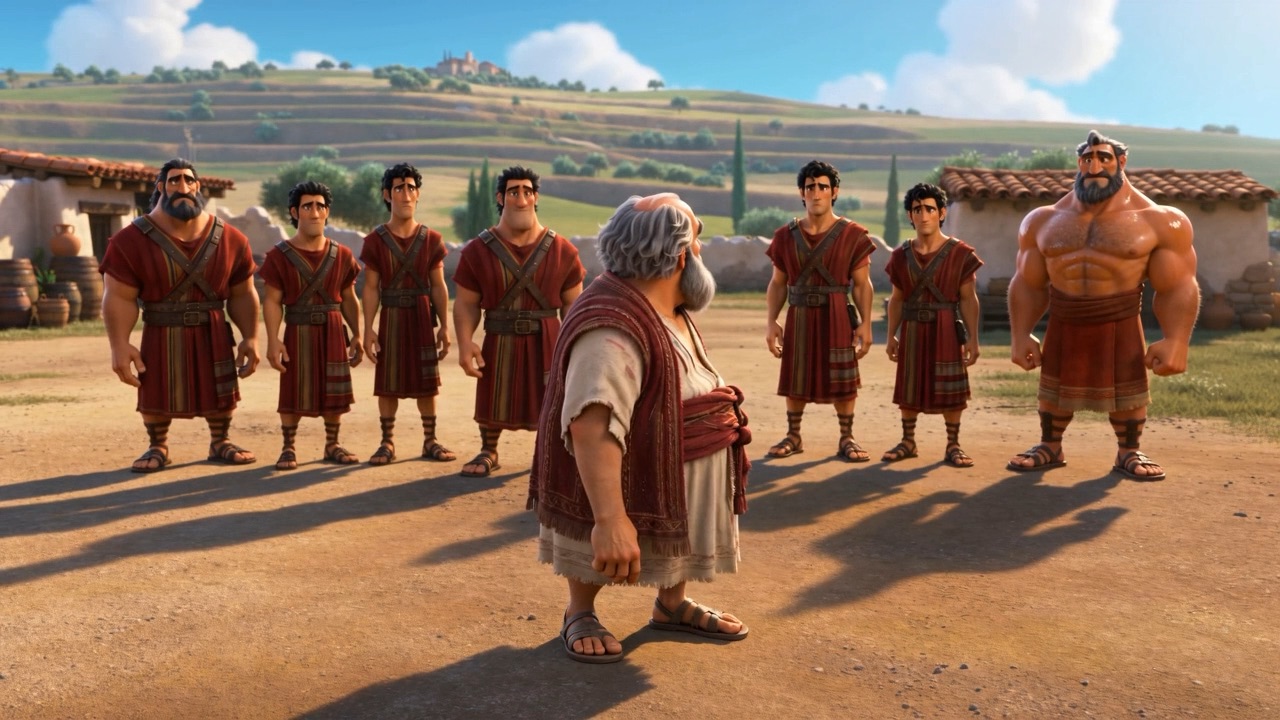 Seven big sons in a bewildered row, and a father entirely out of inventory