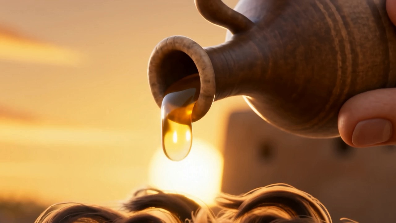Samuel pours — and one drop hangs in the low sun