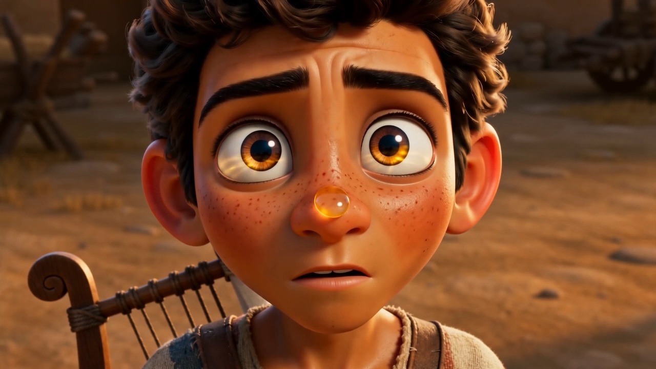 A drop hangs off the end of his nose. And falls
