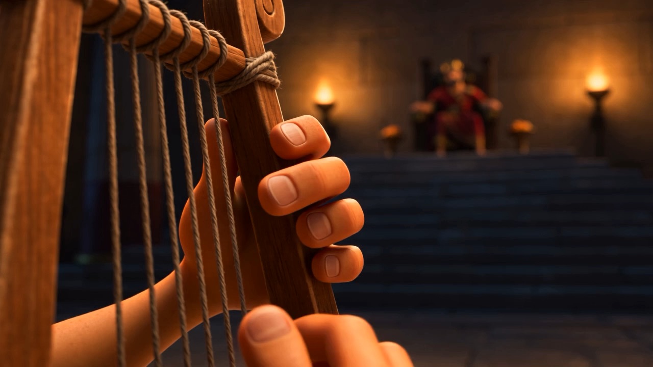 He settles the little lyre against his chest, and his fingers find the strings