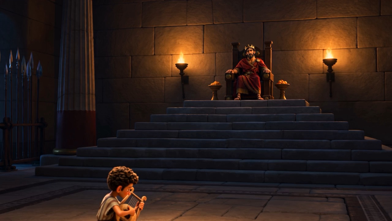 The boy in the pool of torchlight, and the mountain of a king unclenching above him