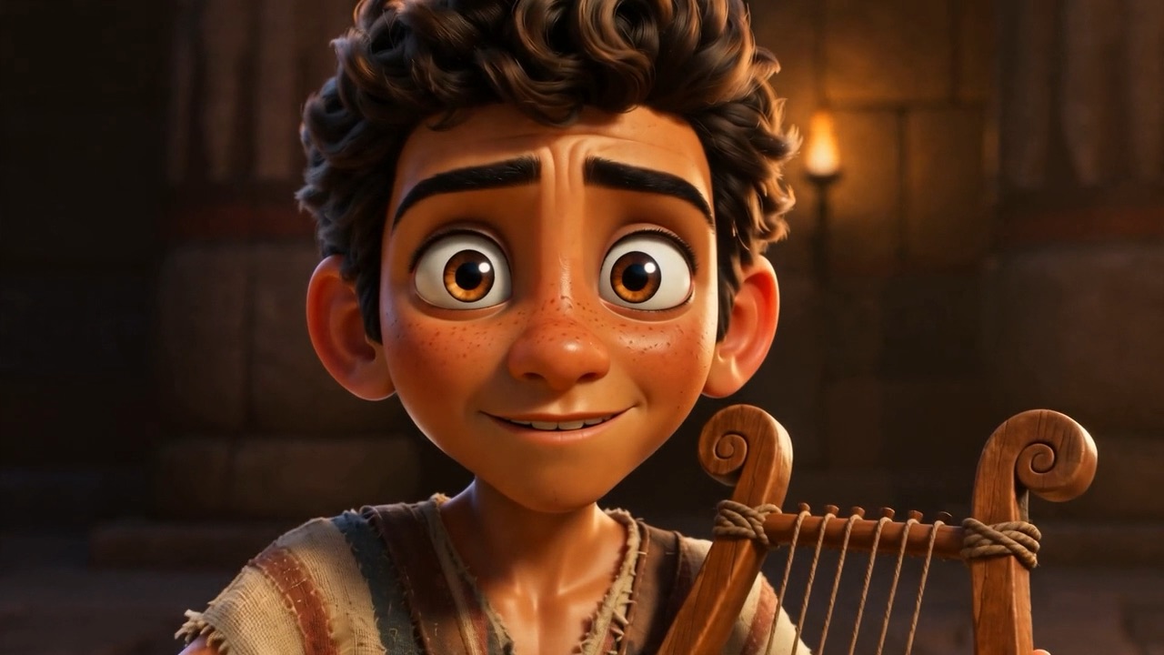 The boy plays for the sad giant the way he played for sheep and sky