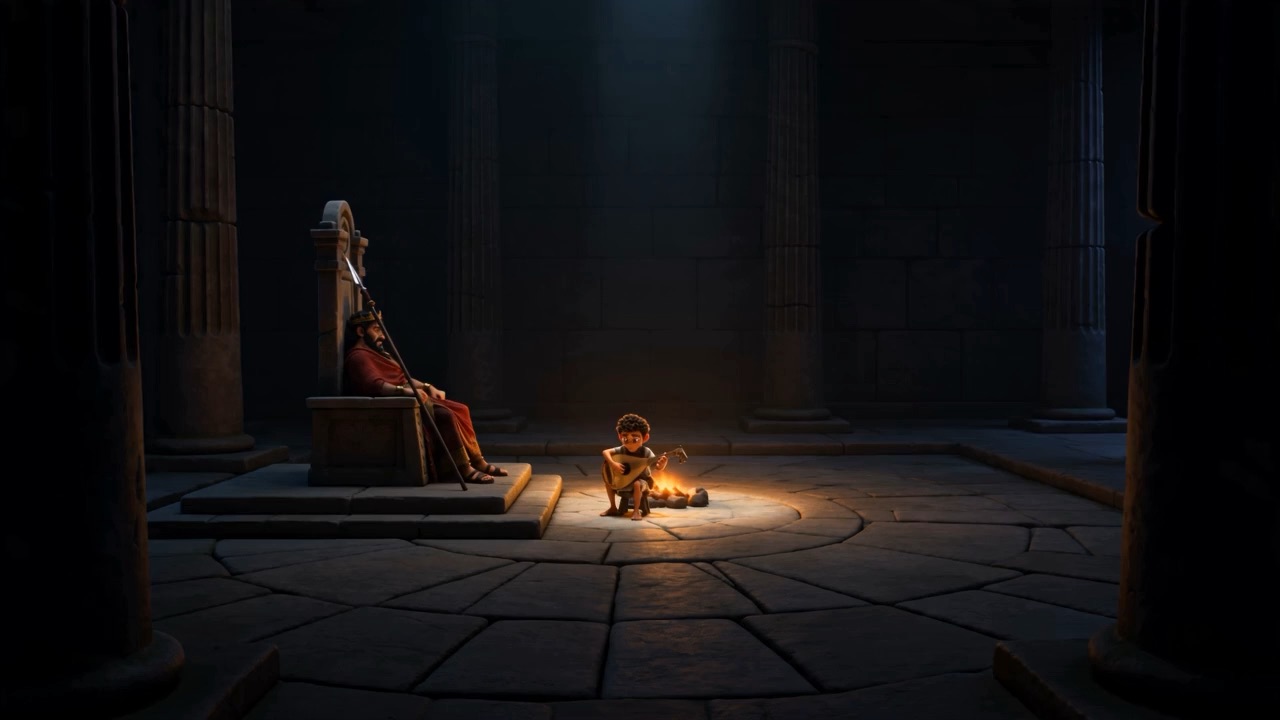 Very wide: the great dark hall, and two figures in its one warm pool of light