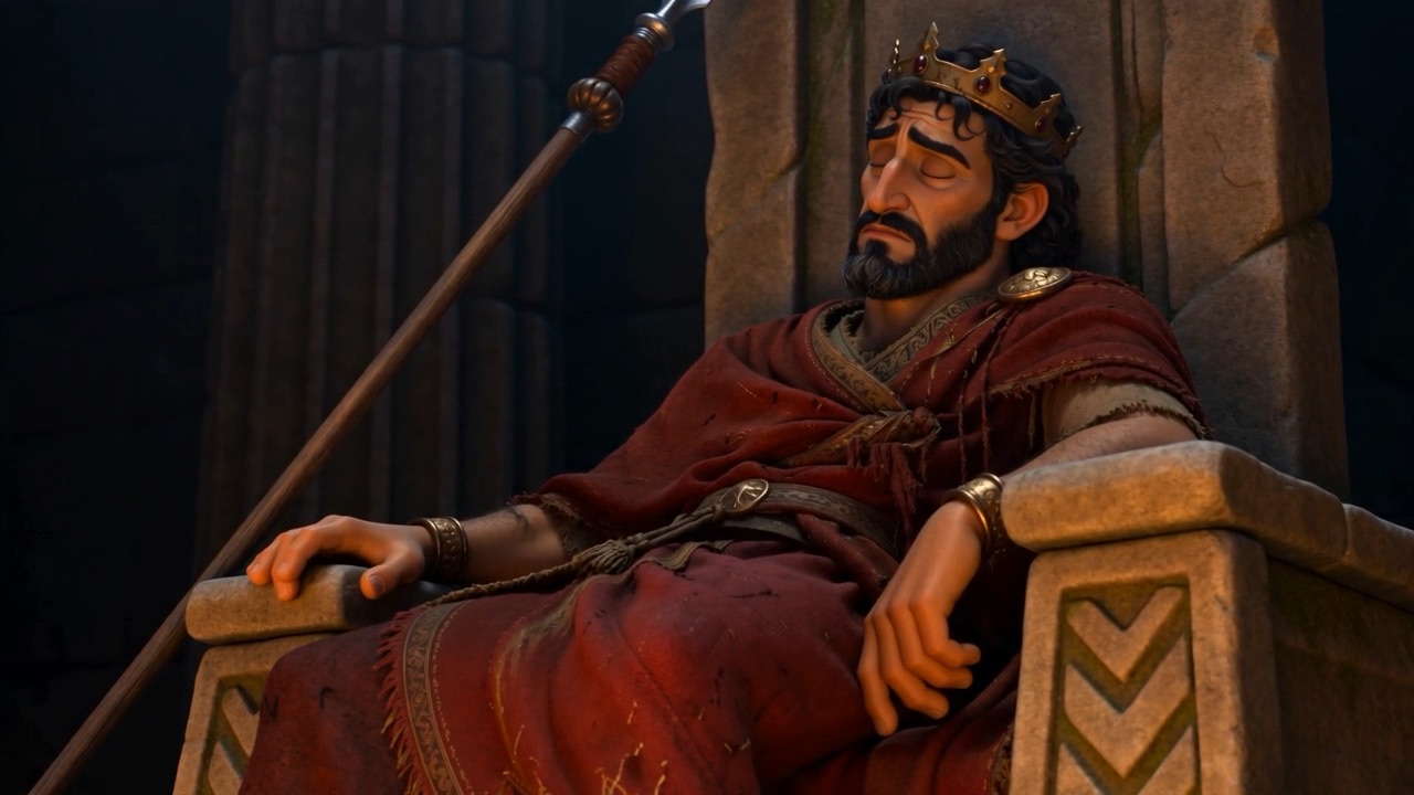 The king's hand hangs open and easy — inches from the spear he has, for once, forgotten