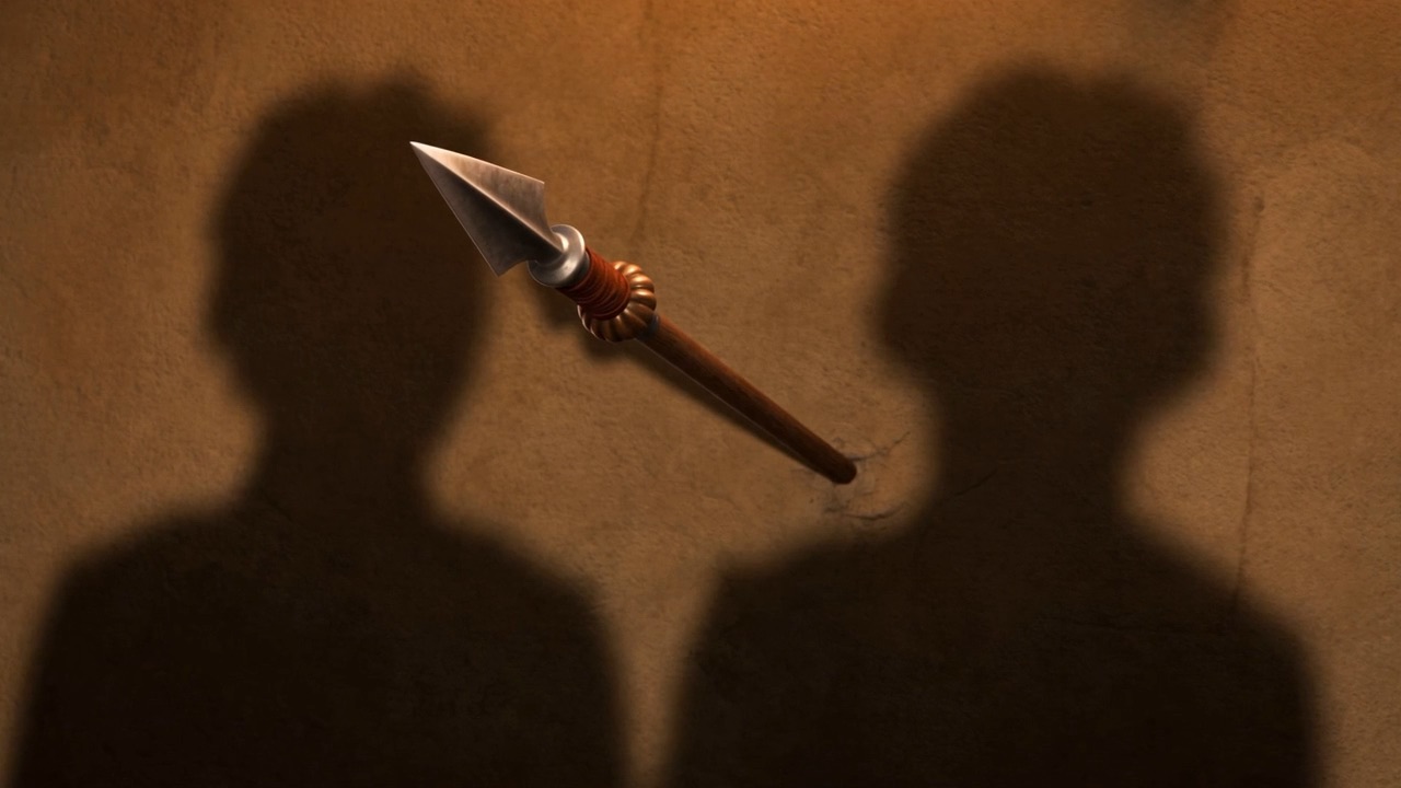 Two shadows on a wall, and an iron point between them