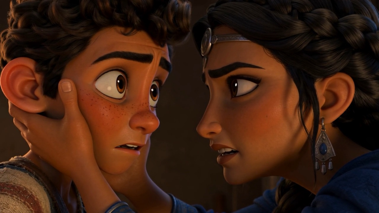 She takes his face in both hands