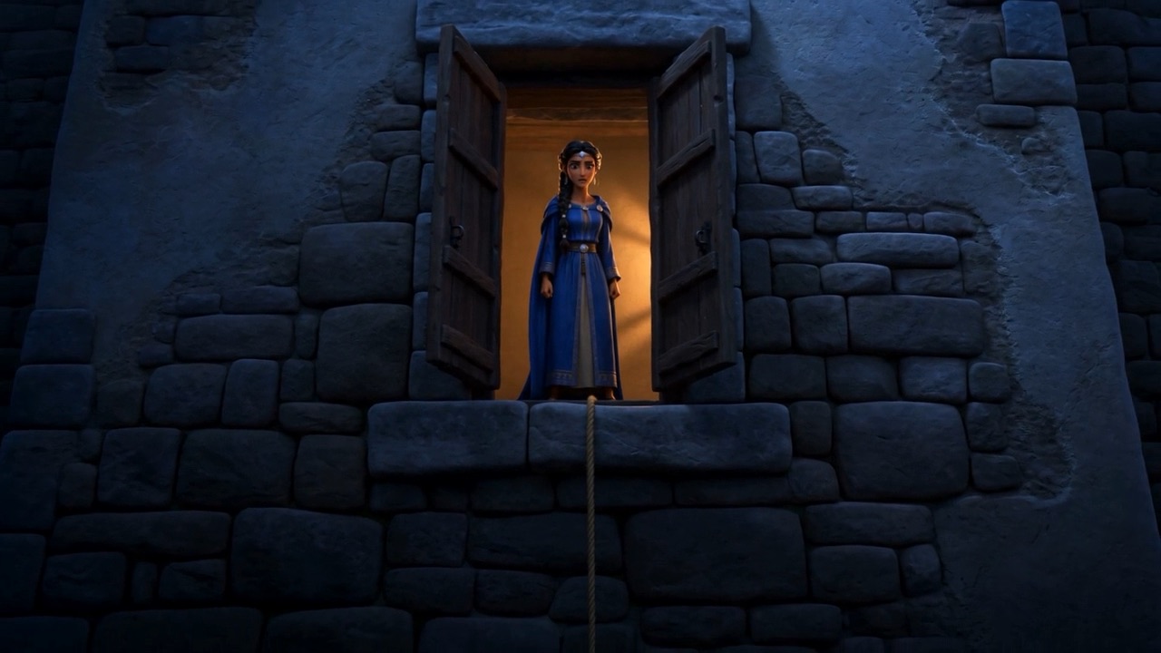 And then she is standing in a lit window on a dark wall, alone