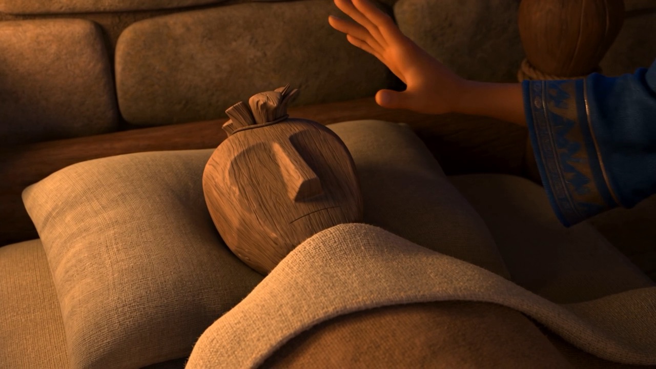 She puts a household figure in the bed and a goat-hair pillow at its head