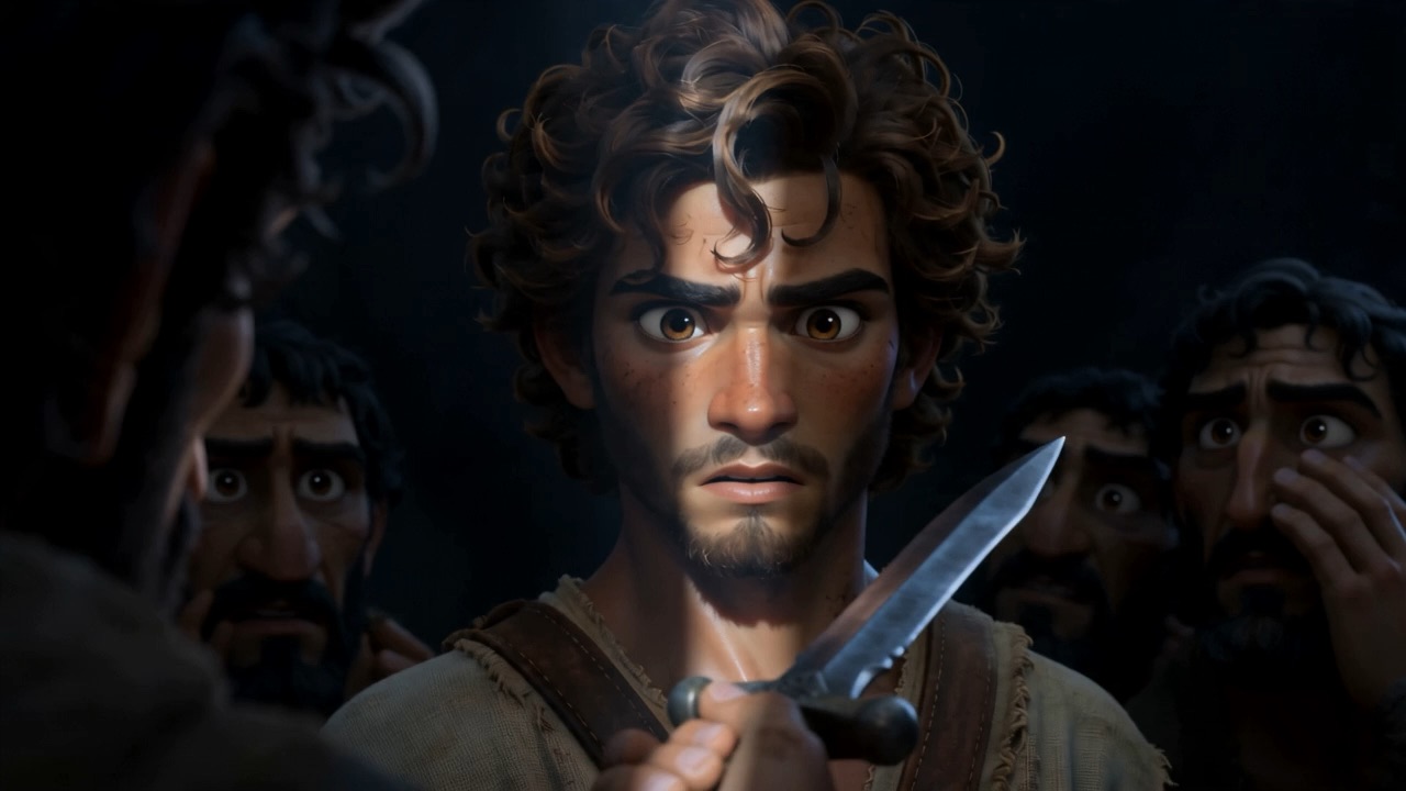 A knife comes out and is pressed on him