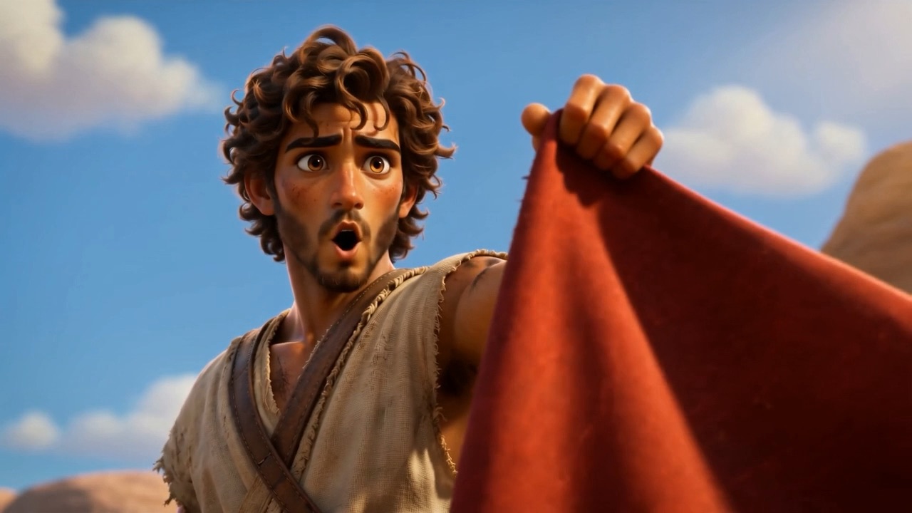 He holds up a handful of red cloth