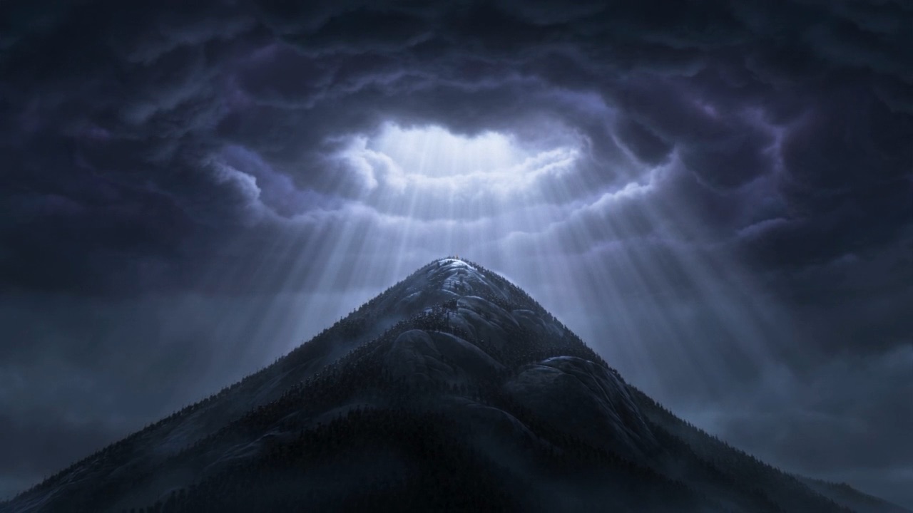 The clouds open, and light comes down onto the rock instead