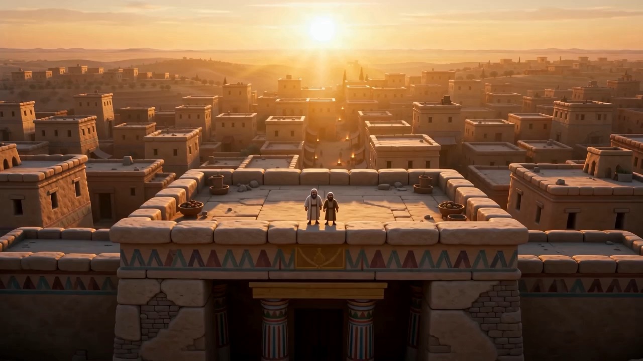 The rooftop falls away beneath, smaller and smaller